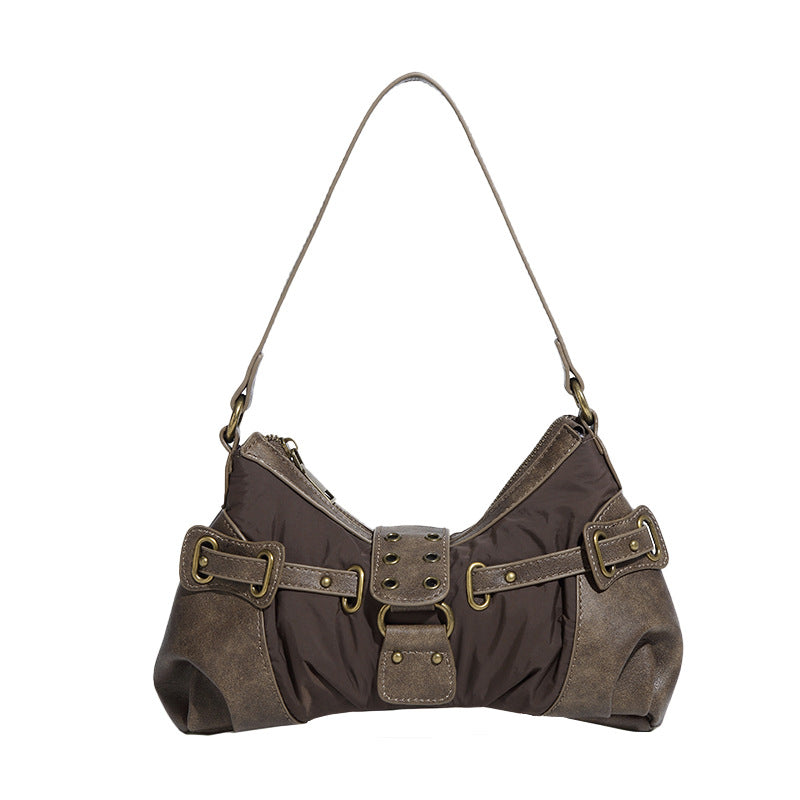 Retro Distressed Rivet Shoulder Bag - Wasteland Style Baguette Handbag