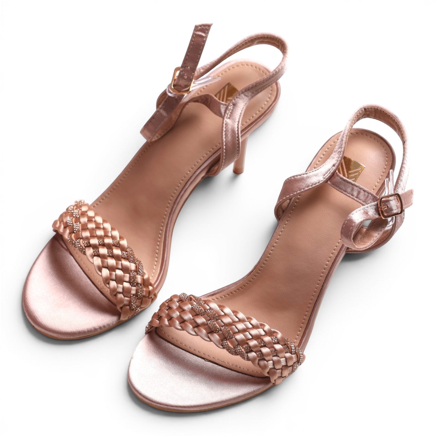 Moda Ug rose gold satin braided strap heeled sandals with buckle ankle strap