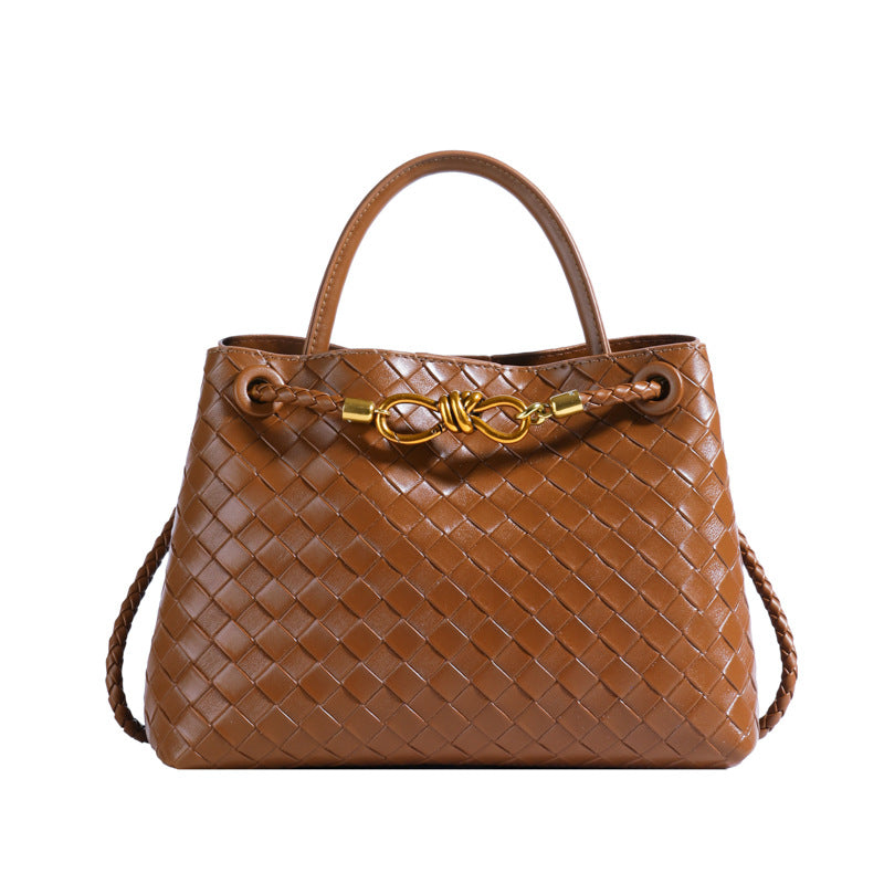 Metal Rope Buckle Woven Shoulder Bag - Retro Commuter Handbag