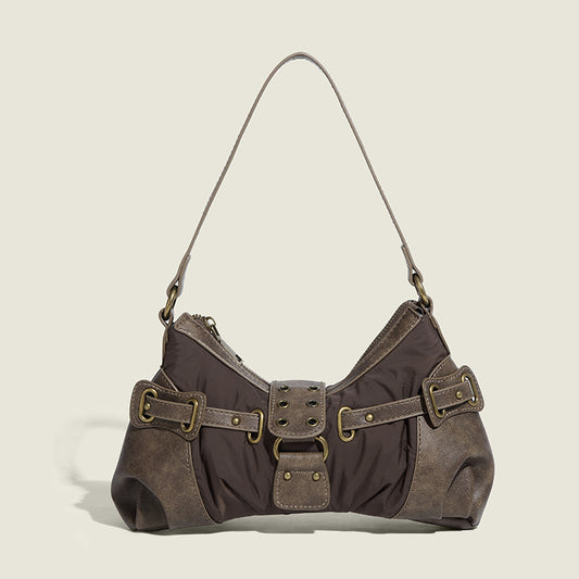 Retro Distressed Rivet Shoulder Bag - Wasteland Style Baguette Handbag