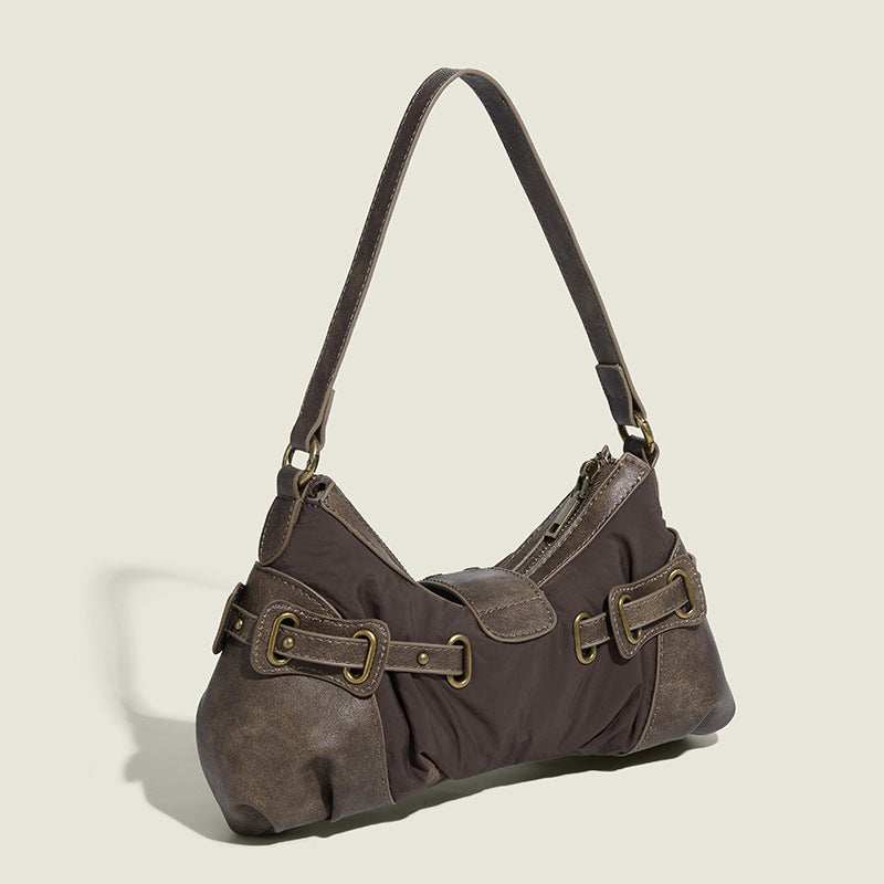 Retro Distressed Rivet Shoulder Bag - Wasteland Style Baguette Handbag