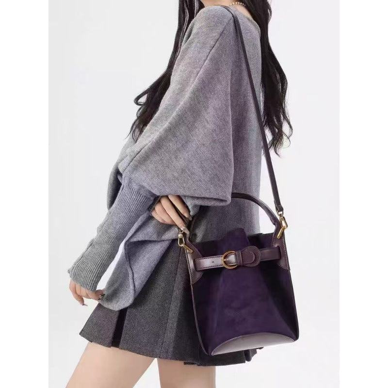 Niche Design High-end Purple Velvet Bucket Bag Women's 2025 Spring New Commuting Trendy Shoulder Crossbody Bag