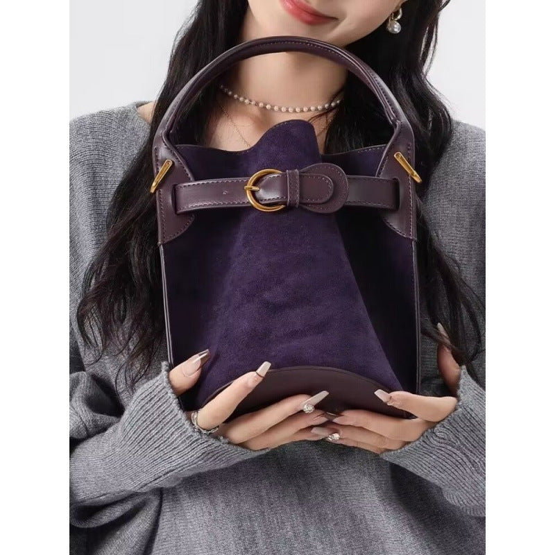 Niche Design High-end Purple Velvet Bucket Bag Women's 2025 Spring New Commuting Trendy Shoulder Crossbody Bag