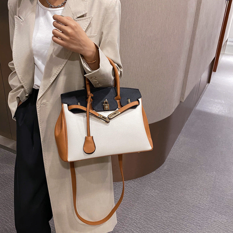 Structured Kelly Handbag - Textured Leather with Contrast Trim