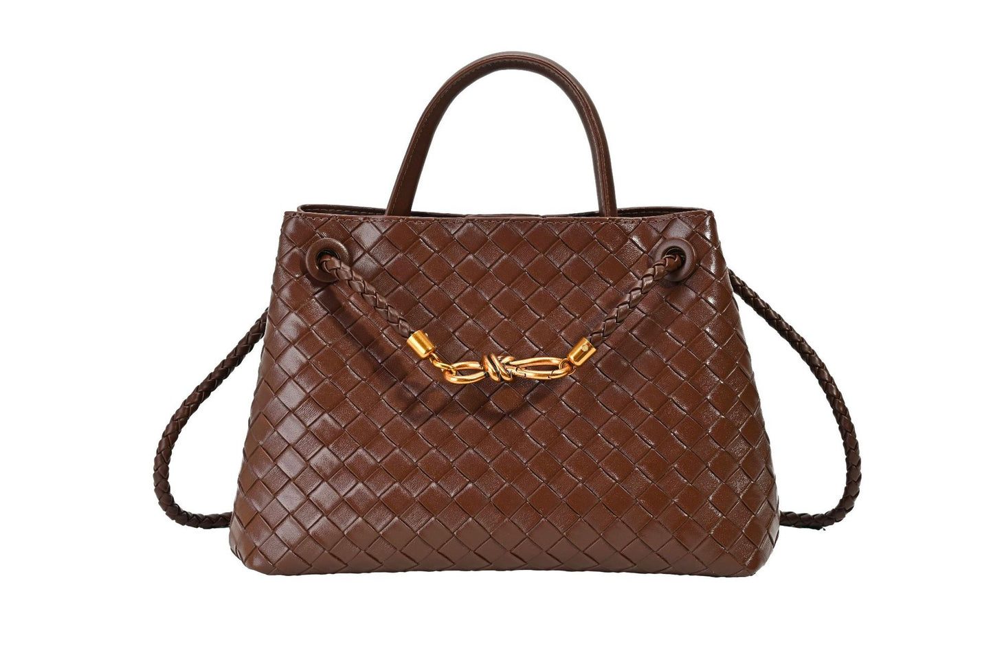 Metal Rope Buckle Woven Shoulder Bag - Retro Commuter Handbag