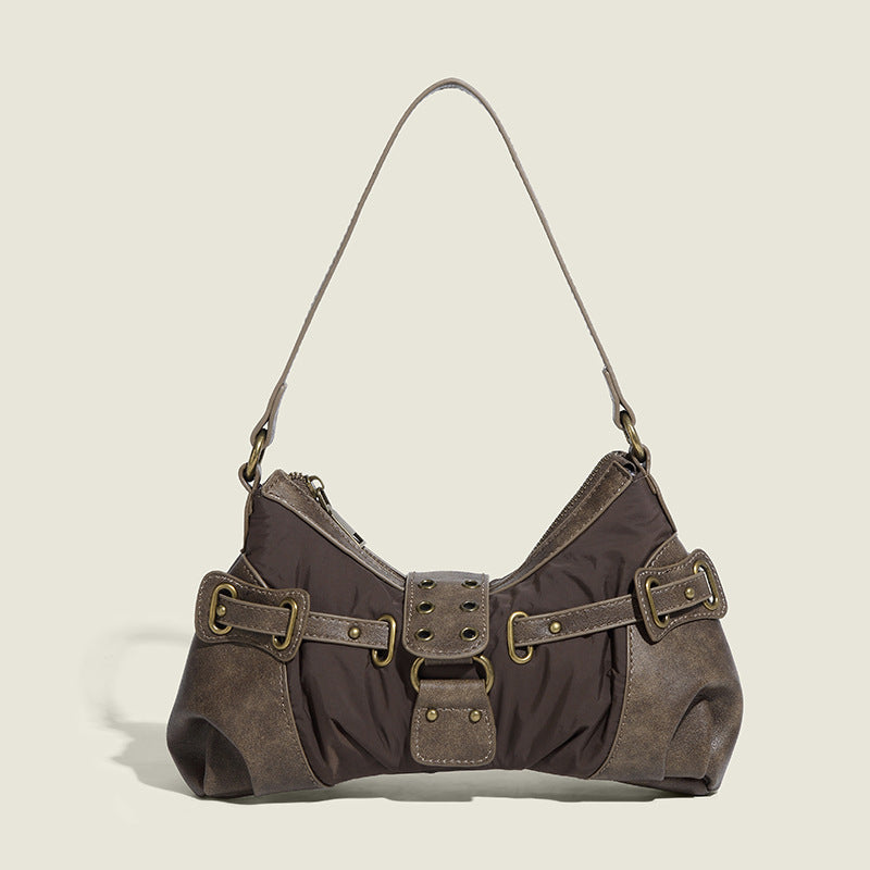 Retro Distressed Rivet Shoulder Bag - Wasteland Style Baguette Handbag