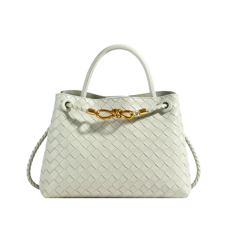 Metal Rope Buckle Woven Shoulder Bag - Retro Commuter Handbag