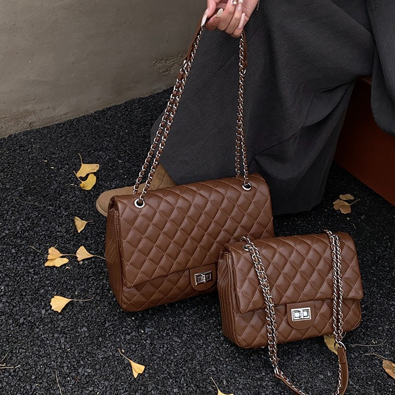 Quilted Chain Shoulder Crossbody Bag - Textured Fashion Handbag