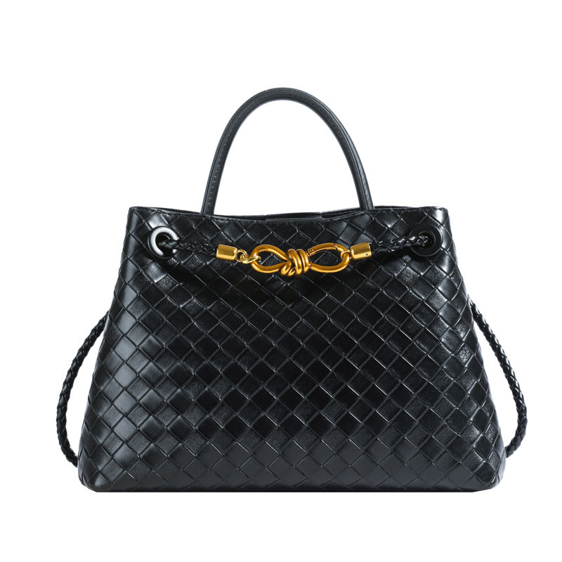 Metal Rope Buckle Woven Shoulder Bag - Retro Commuter Handbag