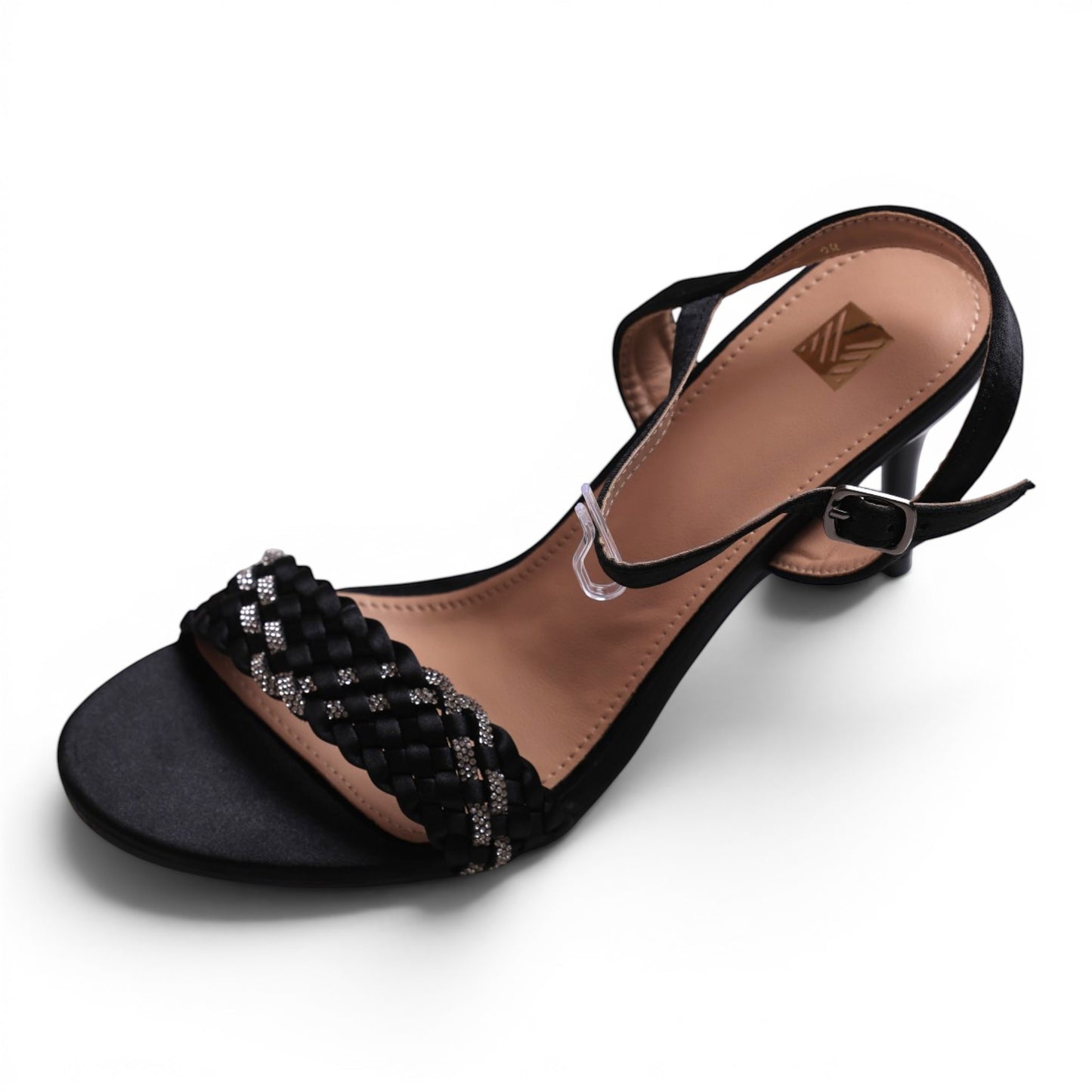 Moda Ug black braided strap heeled sandals with rhinestone detail and ankle strap.