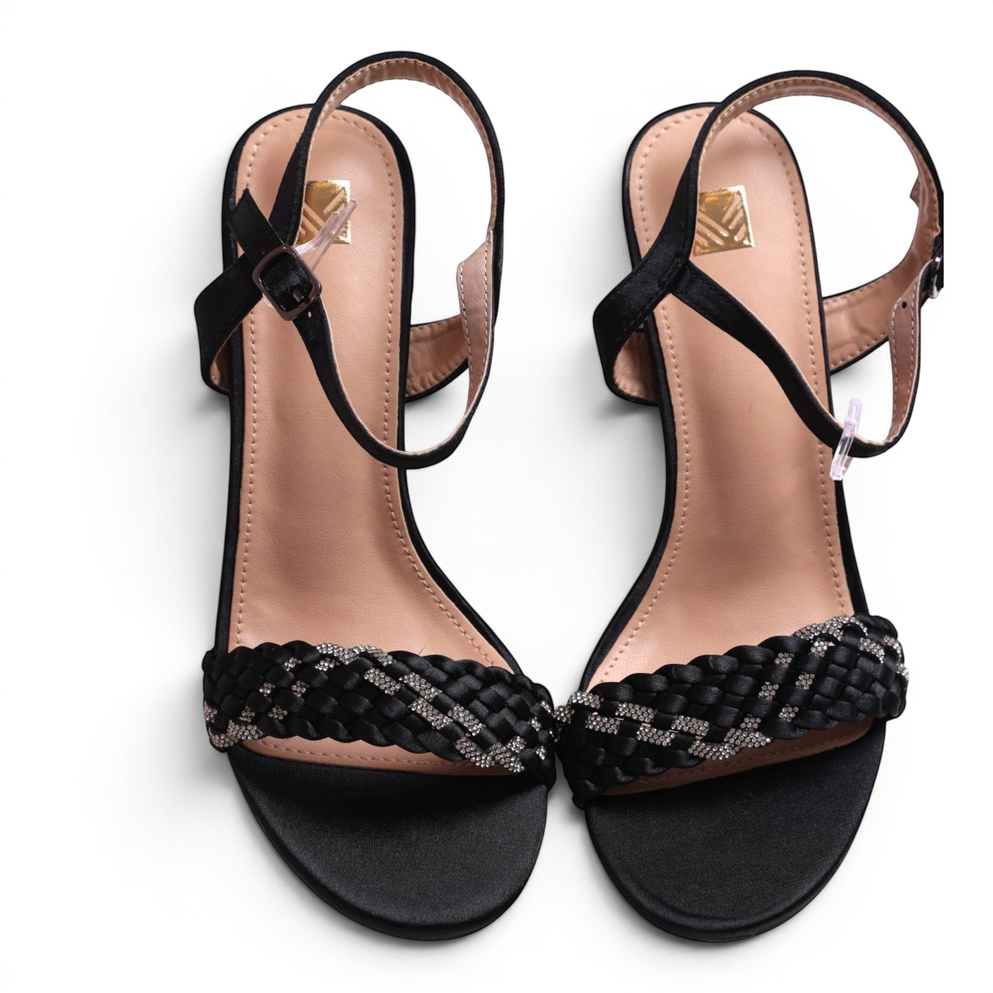 Moda Ug black satin braided sandals with rhinestone detail and ankle strap