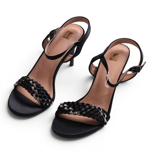 Moda Ug black satin braided strap sandals with rhinestone embellishments and ankle strap.