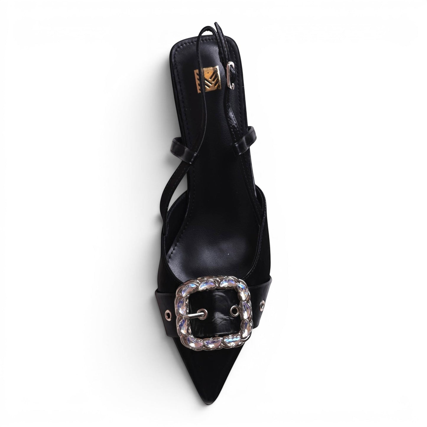 Moda Ug black pointed-toe slingback heels with a large crystal-embellished buckle and ankle strap.