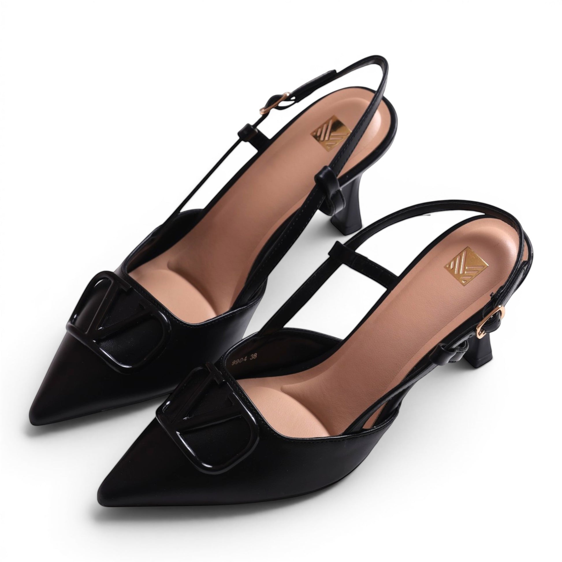 Moda Ug black faux leather slingback kitten heel shoes with pointed toe and decorative V-shaped accent.