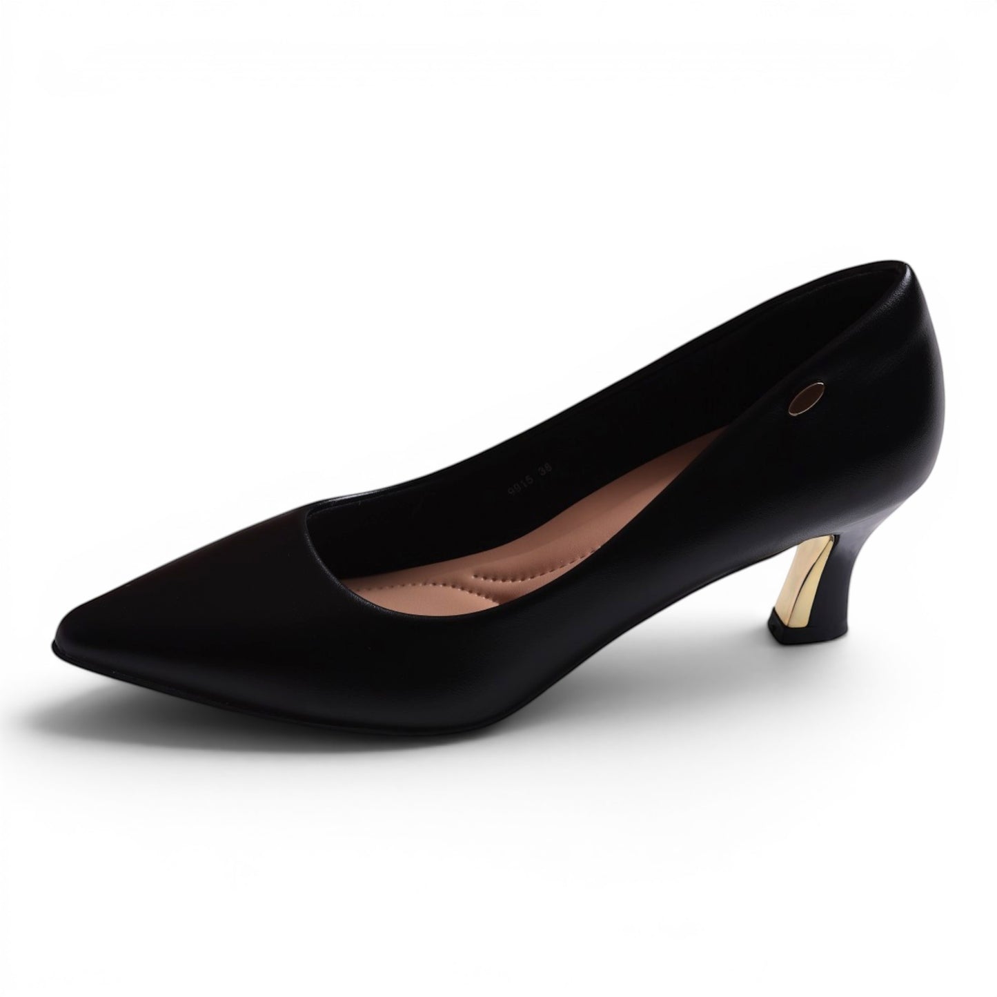 Moda Ug black faux leather pointed-toe kitten heel pumps with a gold accent heel.