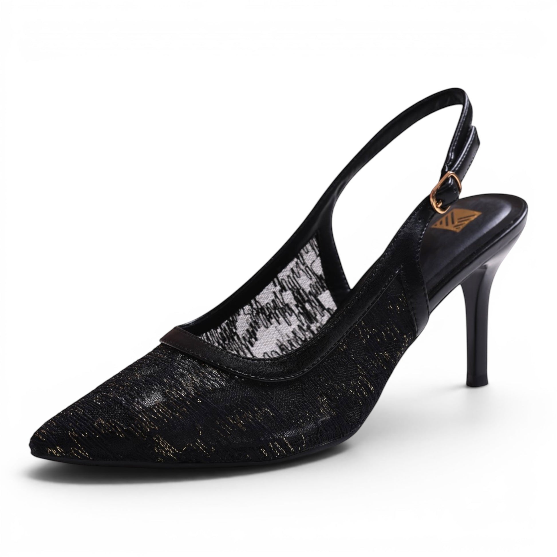 Moda Ug black lace slingback heels with pointed toe and stiletto heel. Features adjustable ankle strap.