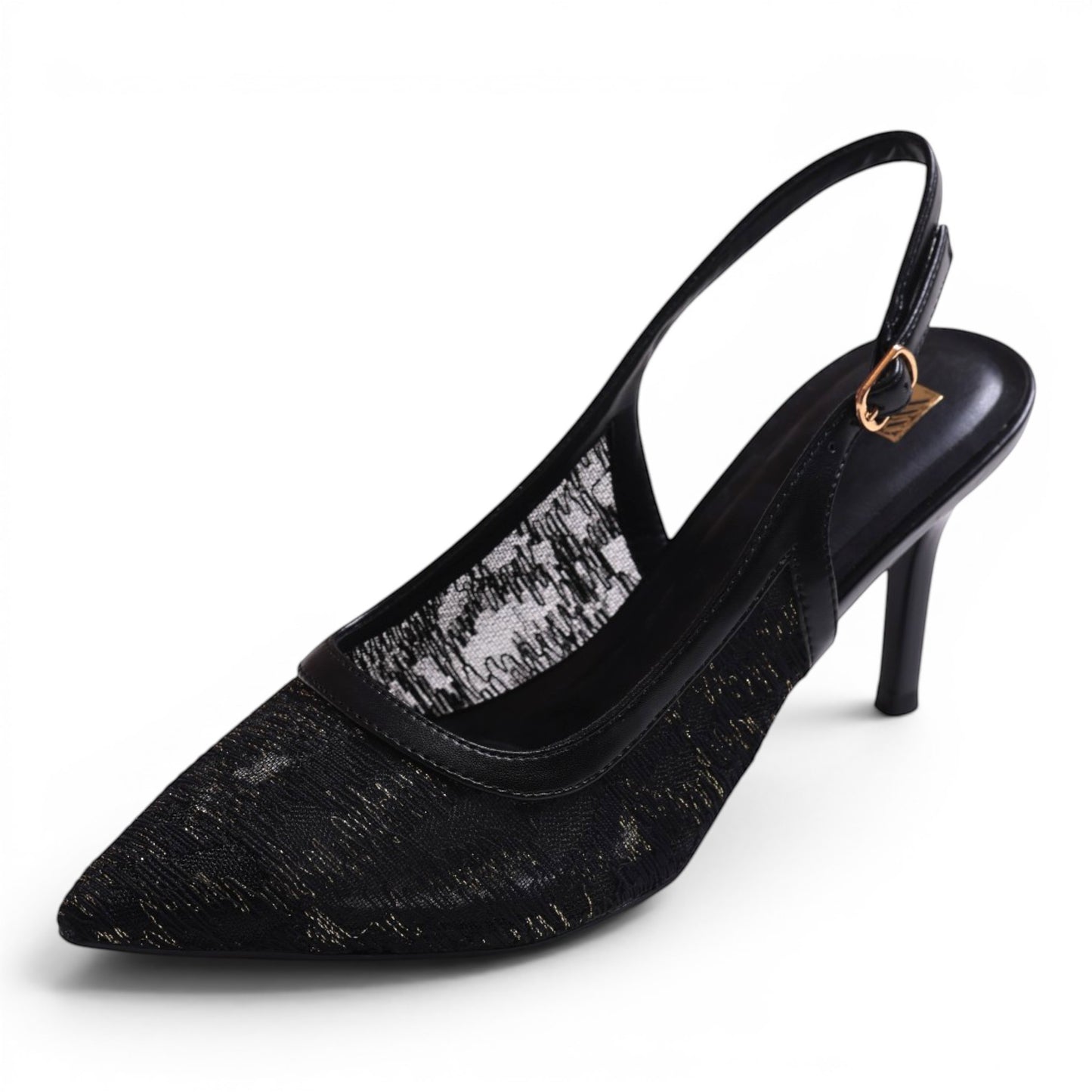 Moda Ug black lace slingback heels with pointed toe and stiletto heel.