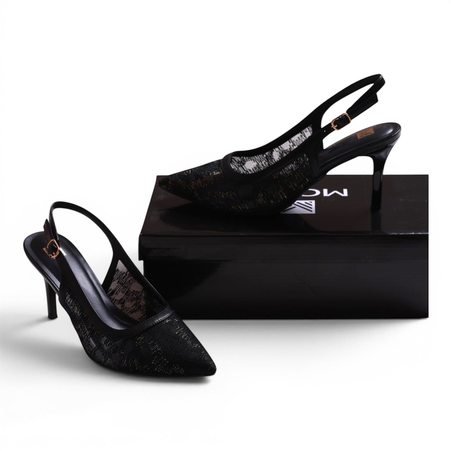 Moda Ug black lace slingback heels with pointed toe and stiletto heel.