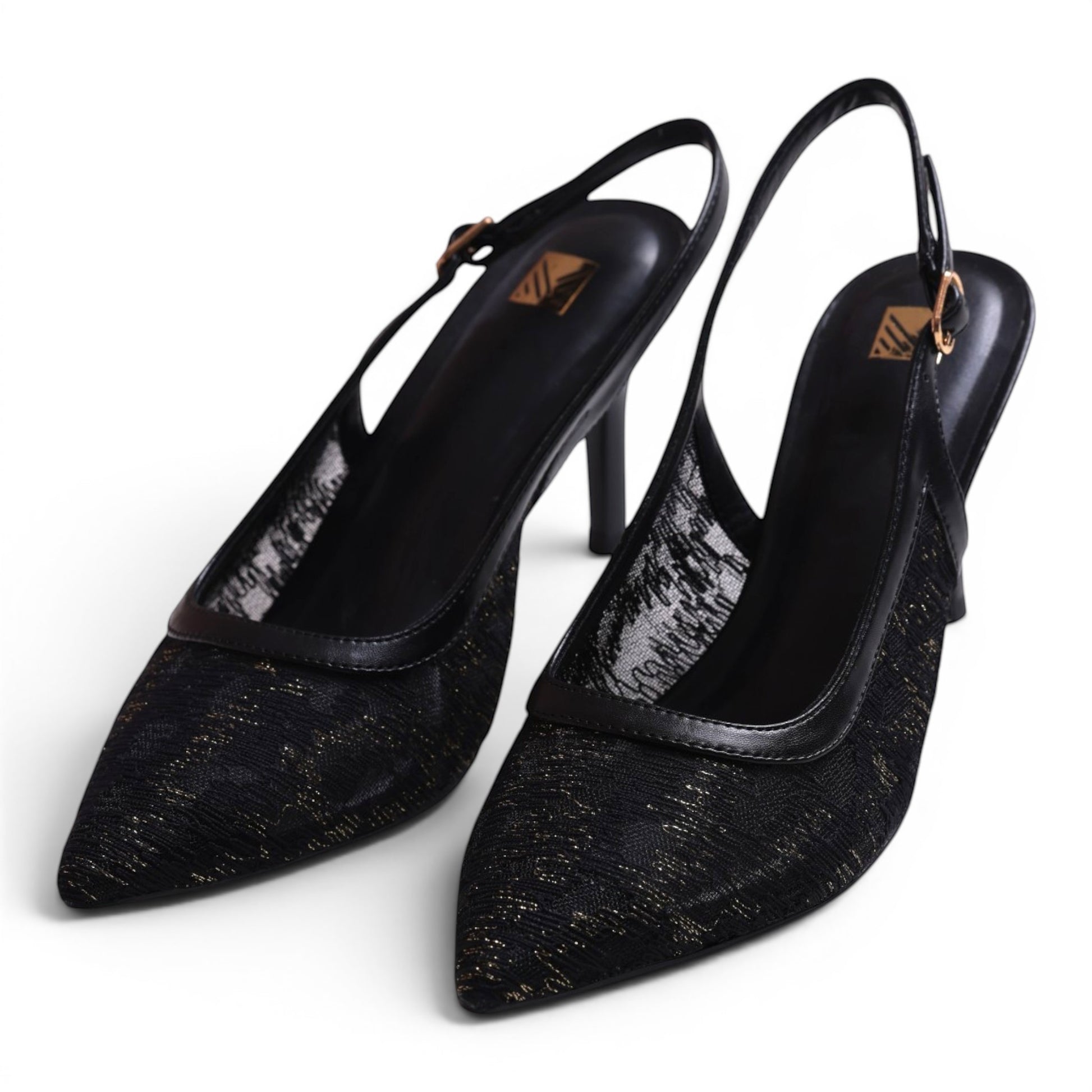 Moda Ug black slingback heels with pointed toe, lace overlay with gold threads, and stiletto heel.