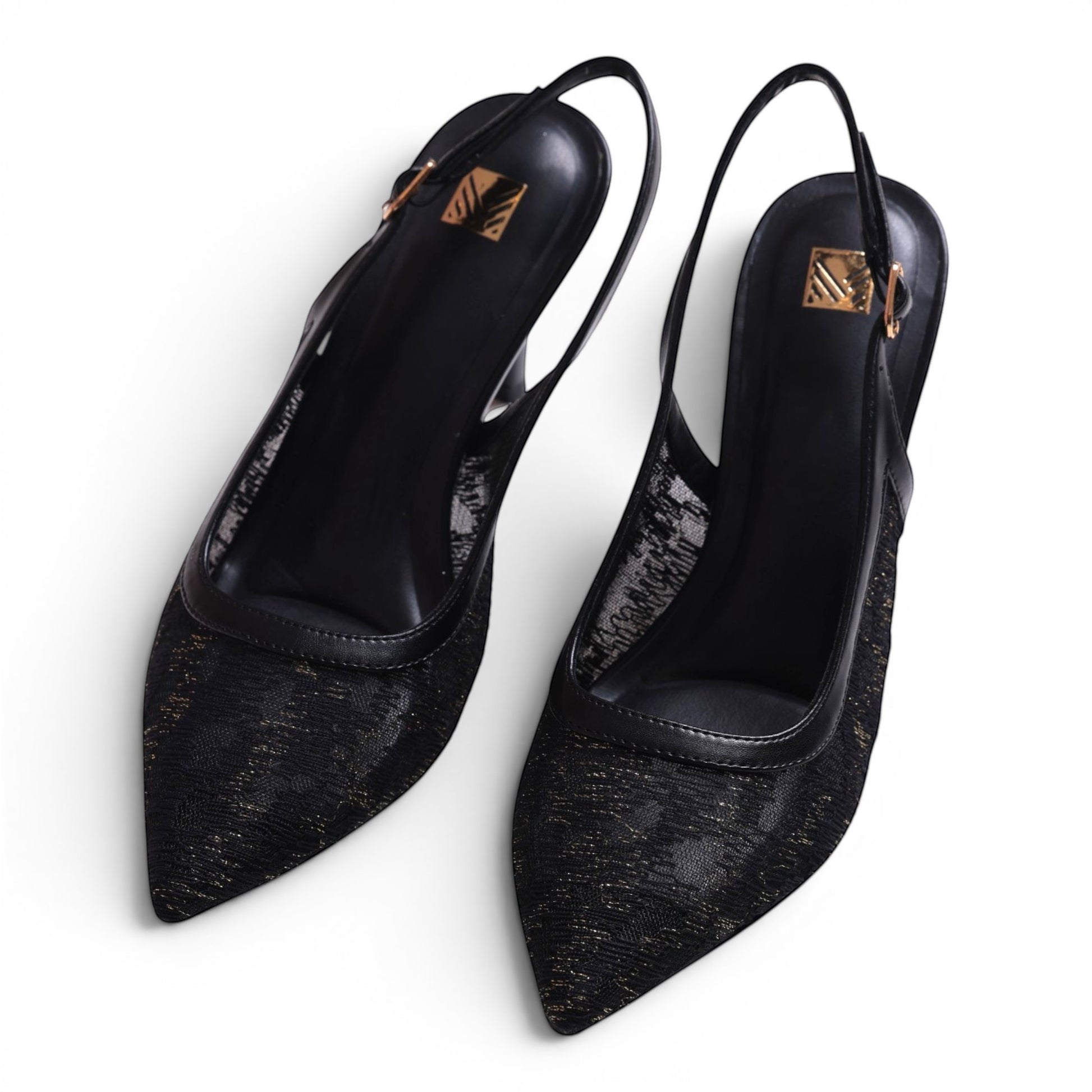 Moda Ug black lace slingback heels with gold thread detail and pointed toe.
