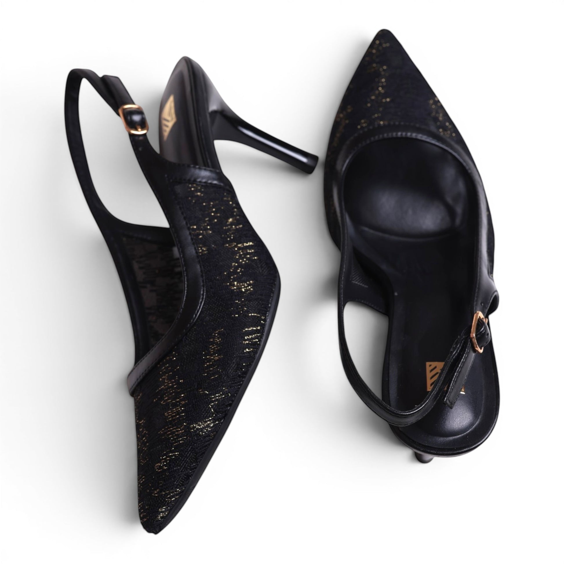 Moda Ug black lace slingback heels with gold sparkle detail and adjustable ankle strap.