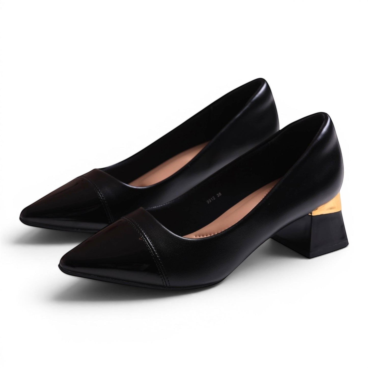 Moda Ug black leather pointed-toe pumps with patent cap toe and gold block heel.