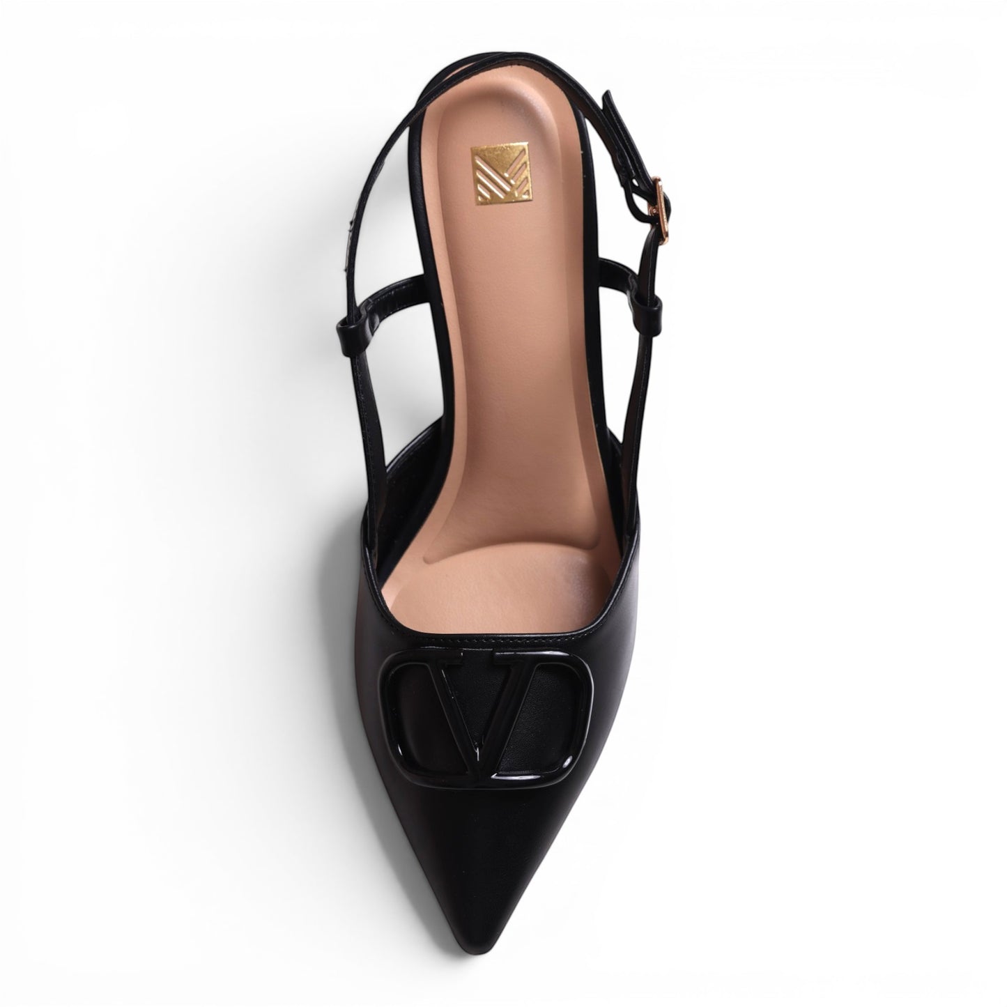 Moda Ug black leather slingback pointed-toe heels with V logo detail and adjustable ankle strap.
