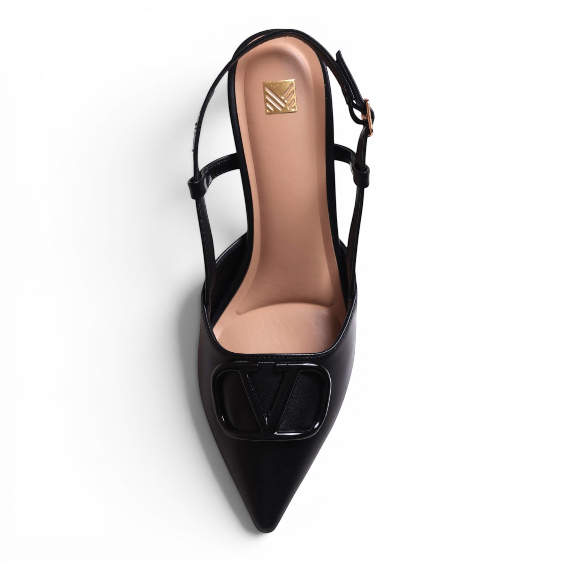 Moda Ug black leather slingback pointed-toe heels with V logo detail and adjustable ankle strap.