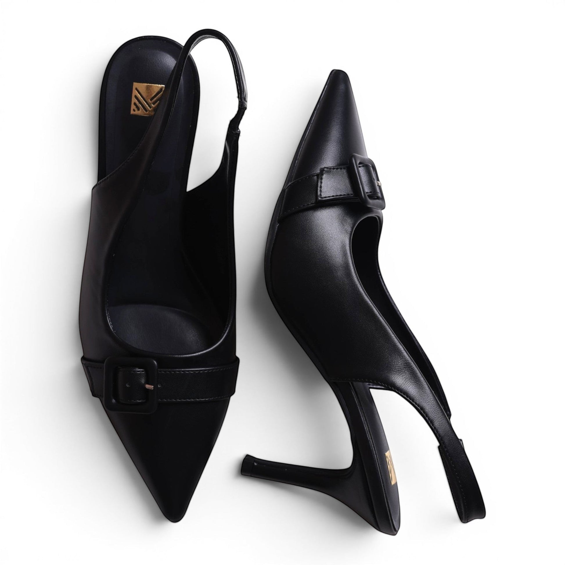 Moda Ug black leather pointed-toe slingback heels with buckle detail and stiletto heel.
