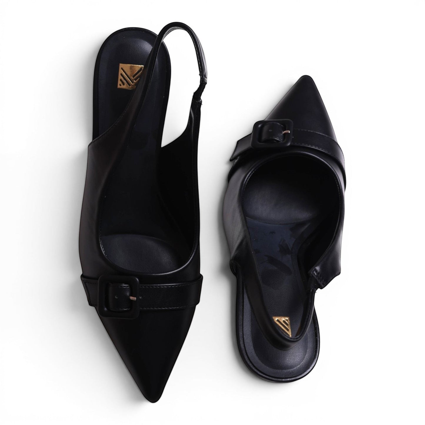 Moda Ug black leather slingback pointed-toe pumps with buckle detail.