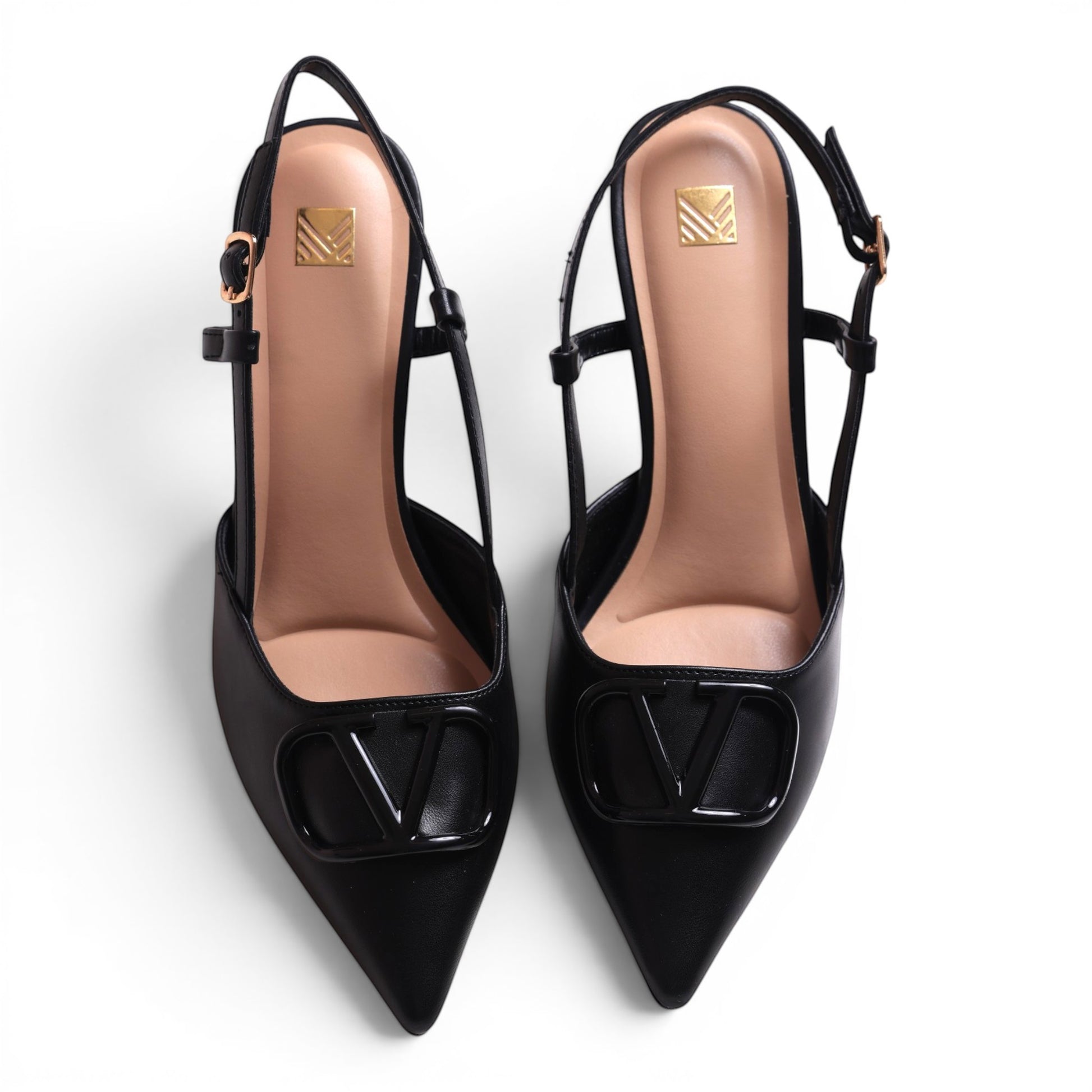 Moda Ug black leather slingback pointed-toe pumps with a V logo detail and adjustable ankle strap.