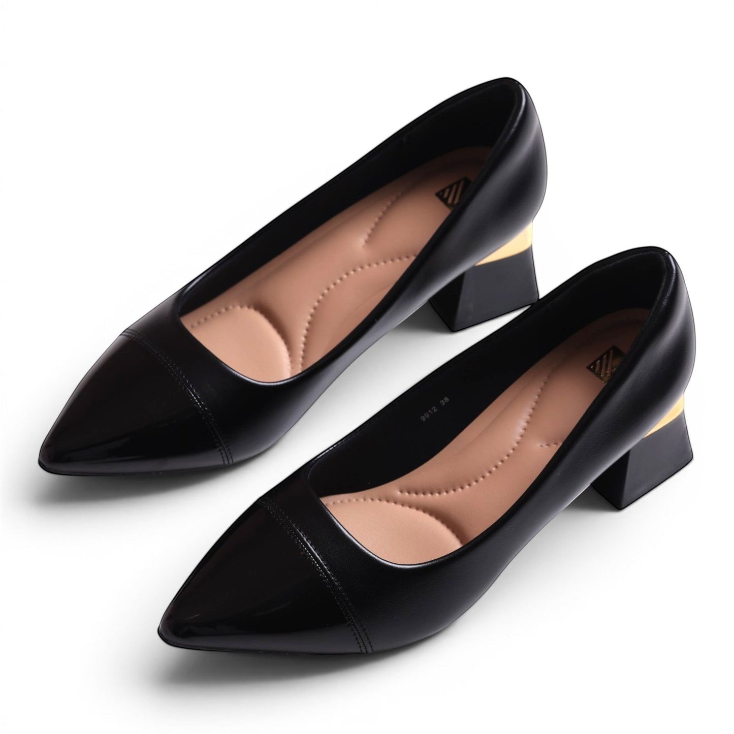 Moda Ug black patent leather pointed toe block heel shoes with gold accent