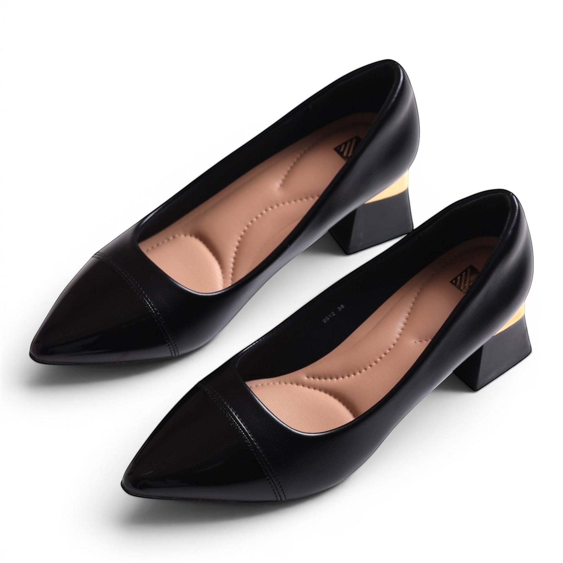 Moda Ug black patent leather pointed toe block heel shoes with gold accent