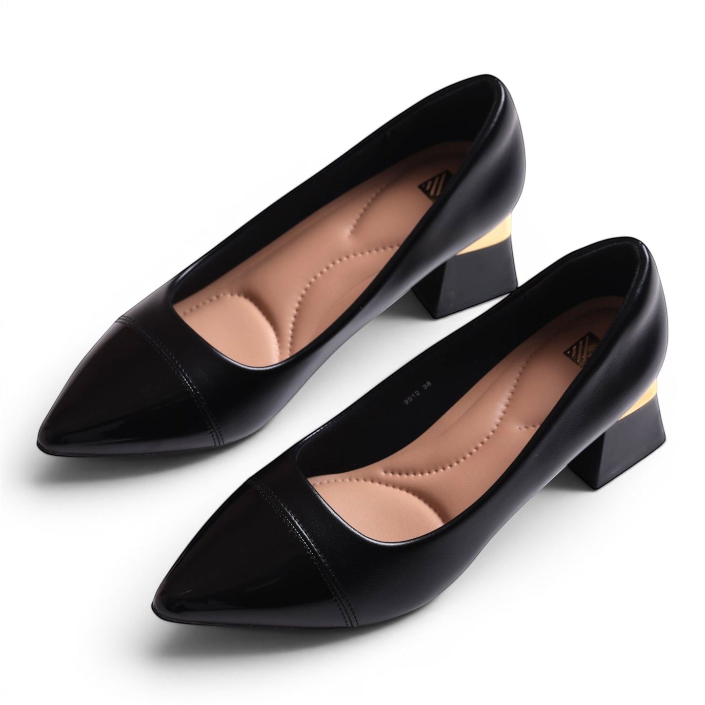 Moda Ug women's black patent leather pointed-toe block heel pumps with gold accent.