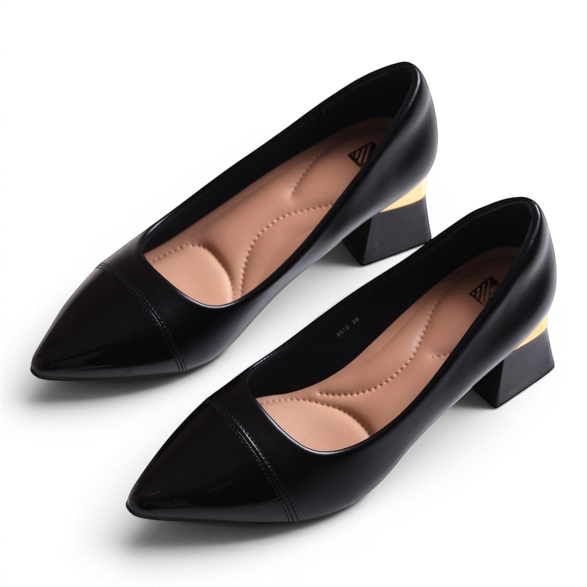 Moda Ug women's black patent leather pointed-toe block heel pumps with gold accent.