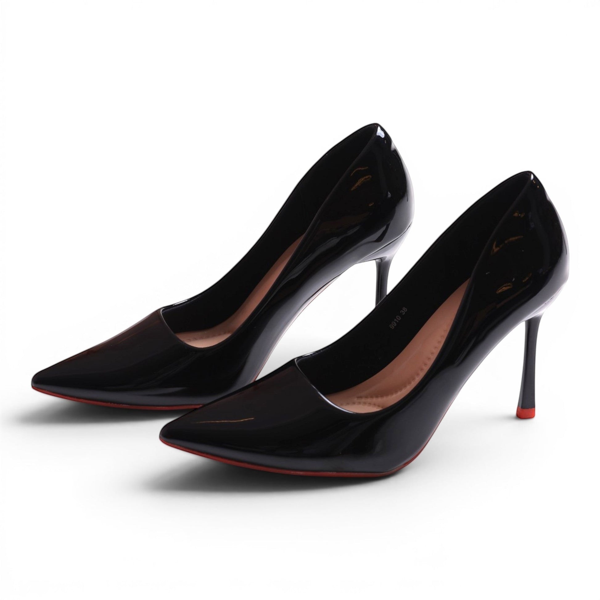 Moda Ug black patent leather pointed-toe stiletto pumps with red sole detail.