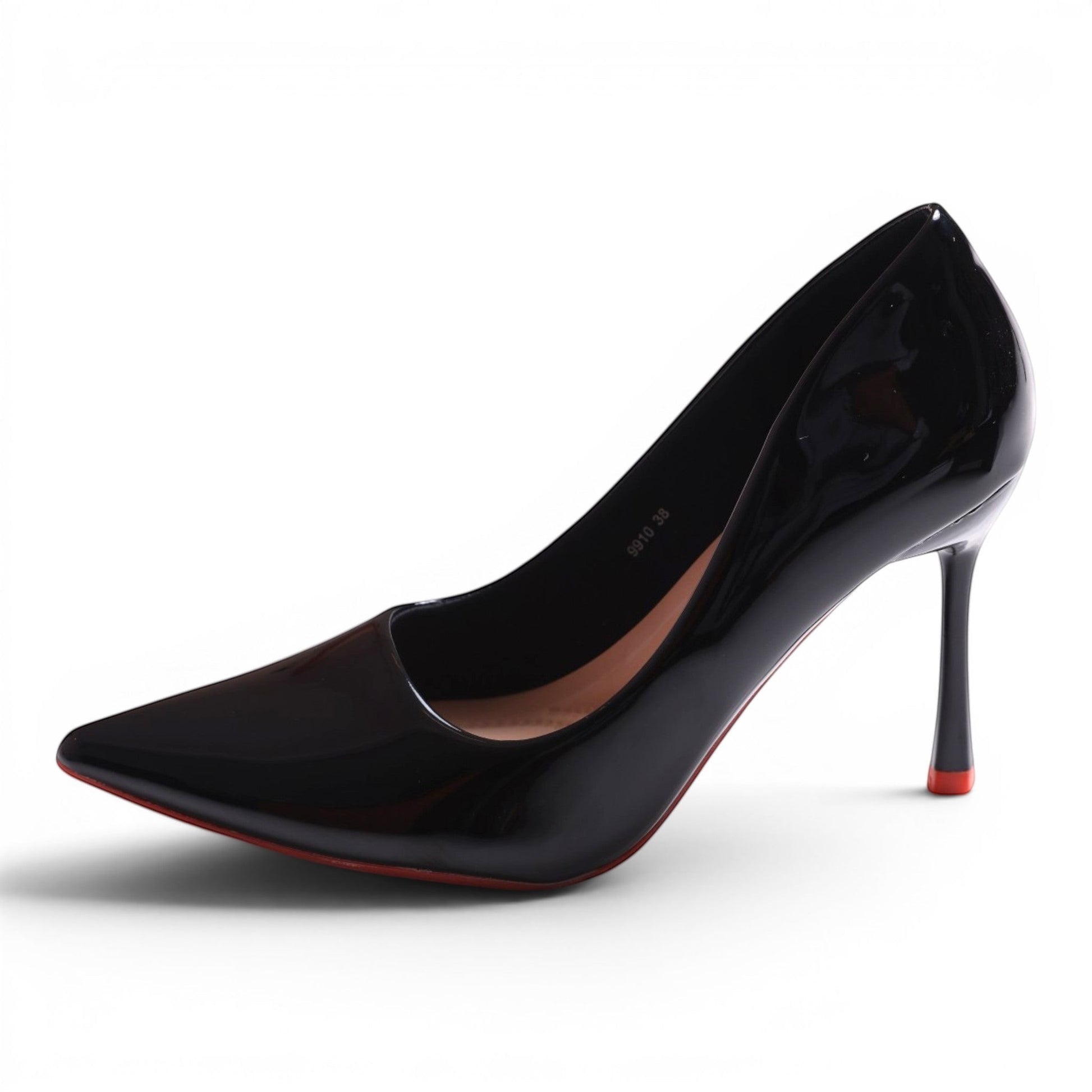 Moda Ug black patent leather pointed-toe stiletto high heels with red sole detail.