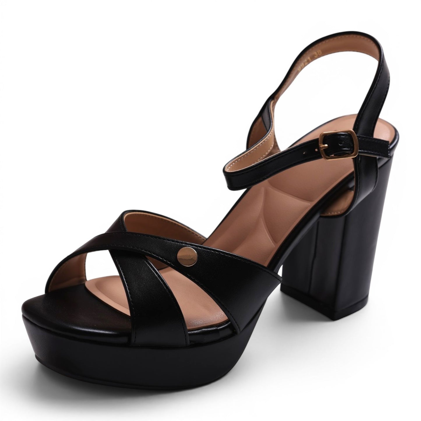 Moda Ug black faux leather platform sandals with criss-cross straps and ankle buckle closure. Chunky block heel.