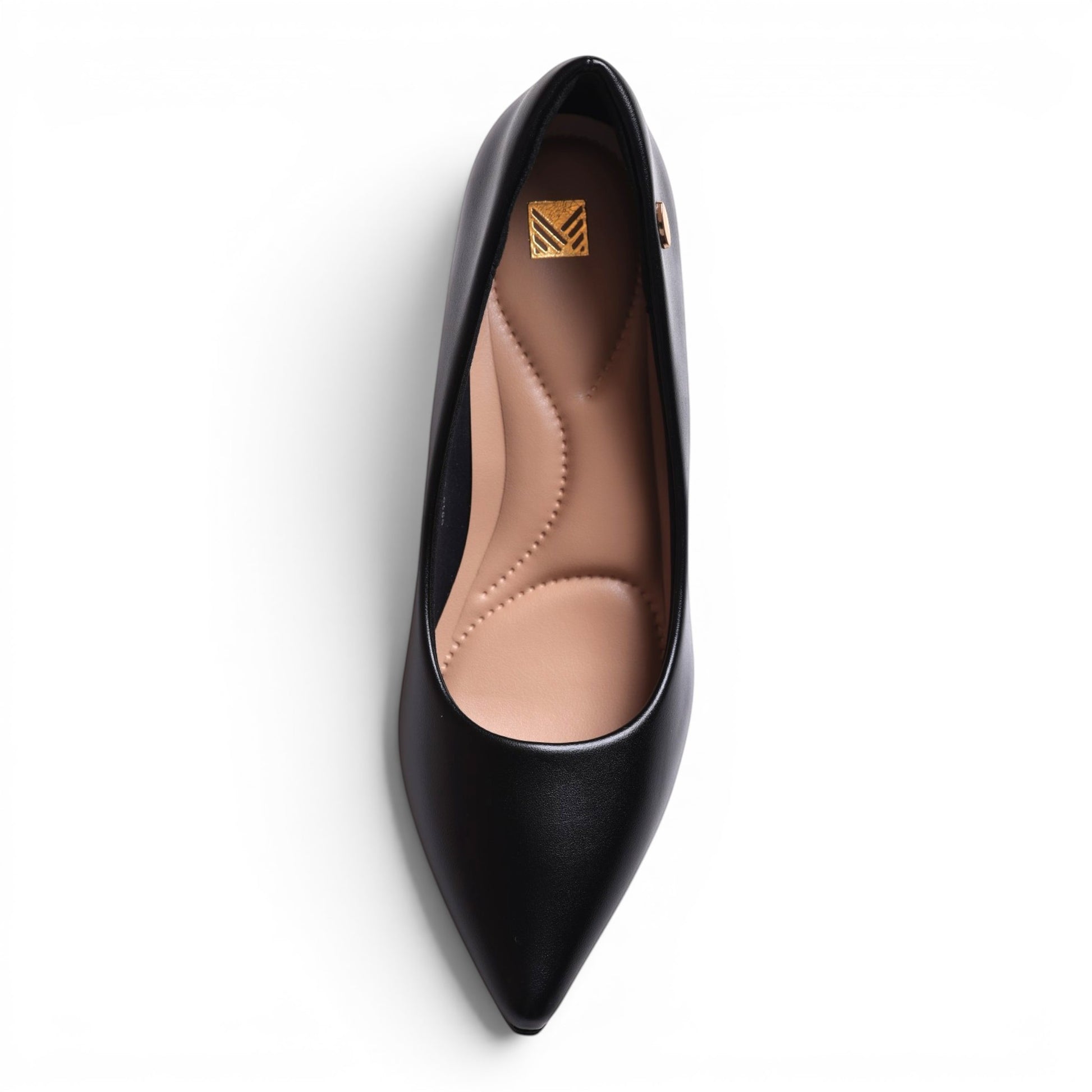 Moda Ug black pointed-toe pump with cushioned insole and gold logo accent.