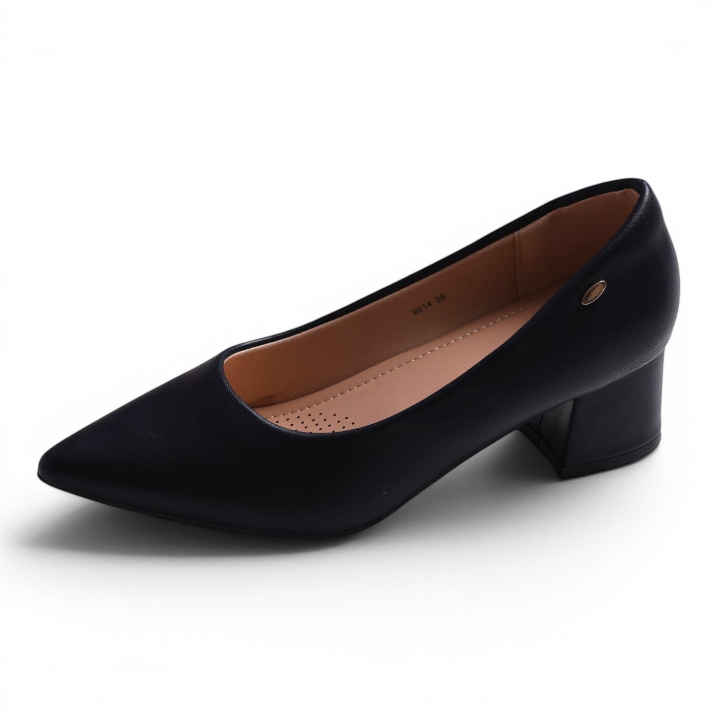 Moda Ug black faux leather pointed toe block heel pumps with gold accent