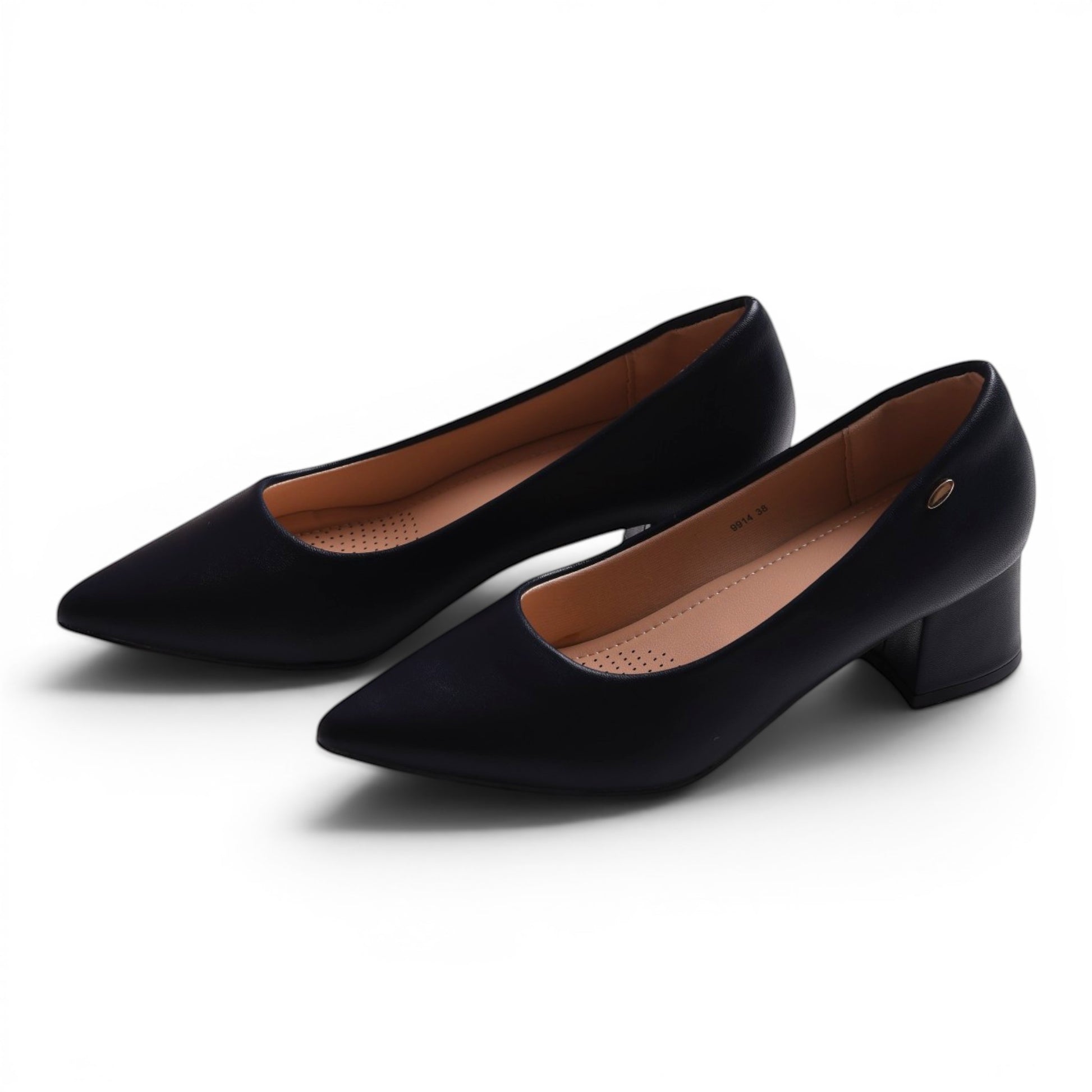 Moda Ug black pointed-toe block heel pumps with a low heel and cushioned insole.
