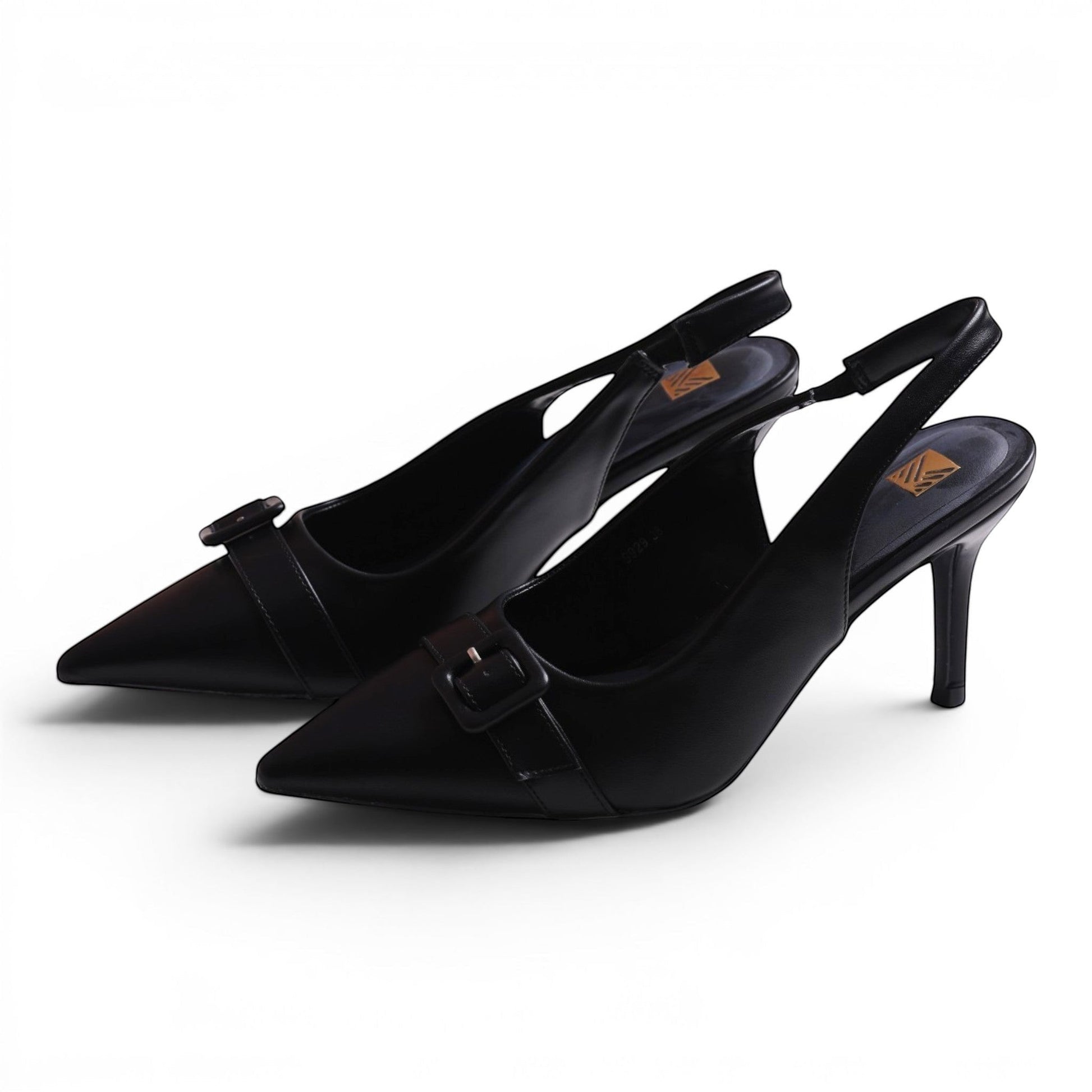 Moda Ug black faux leather pointed toe slingback high heel shoes with buckle detail and adjustable strap.
