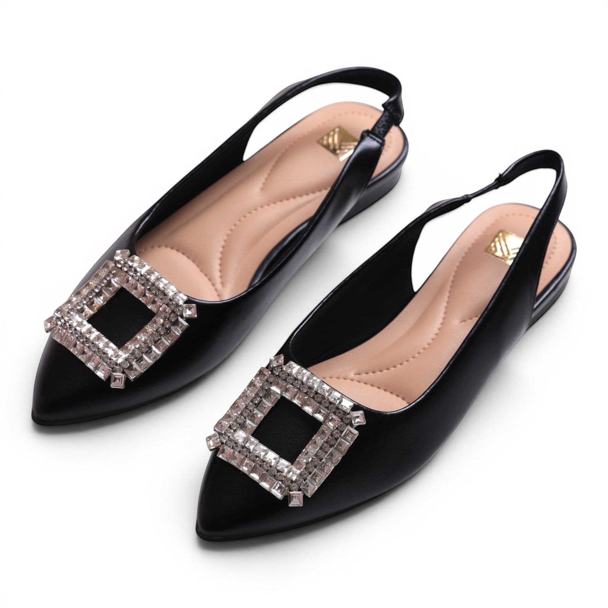 Moda Ug black pointed toe slingback flats with square rhinestone embellishment.
