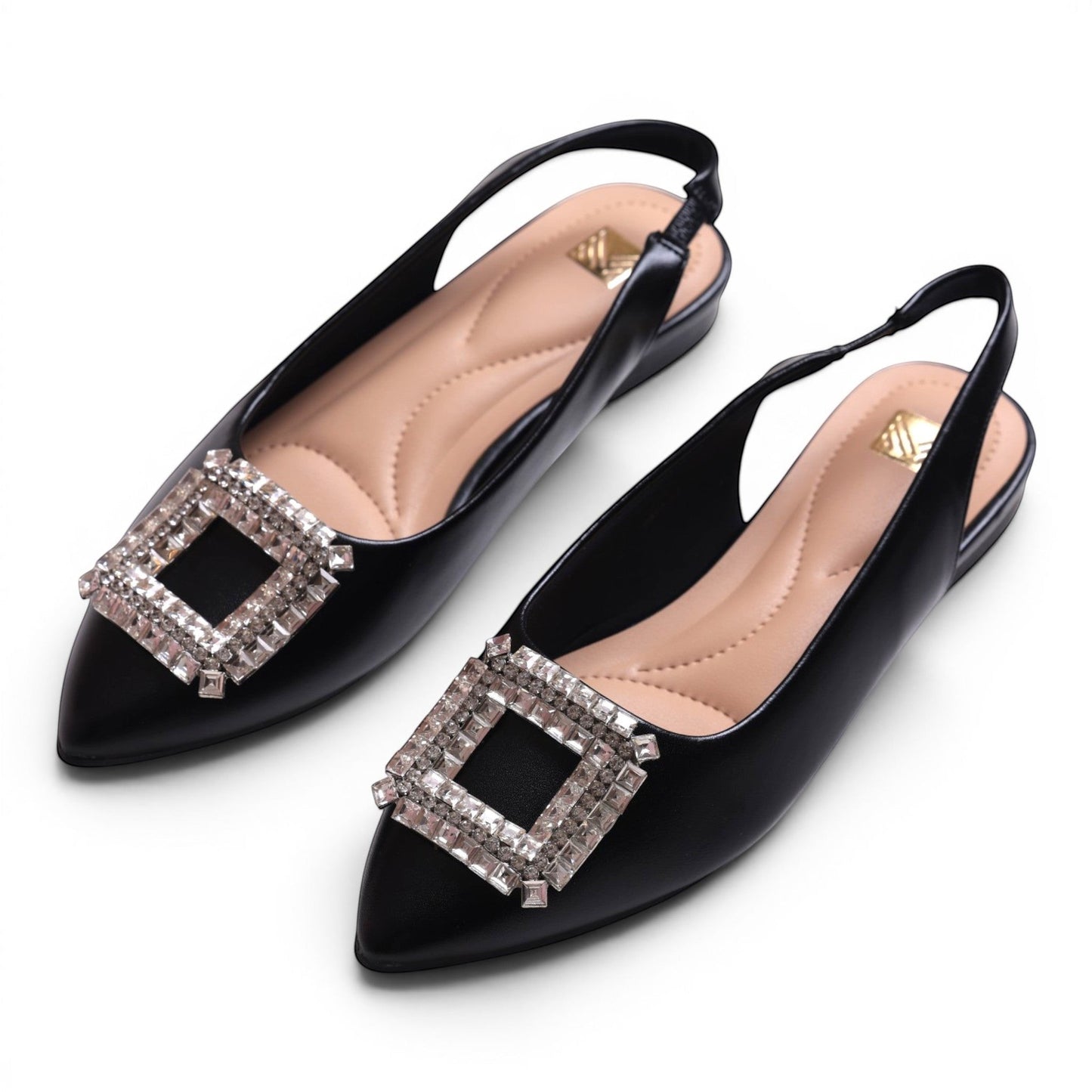 Moda Ug black pointed-toe slingback flats with square rhinestone embellishment and cushioned insole.