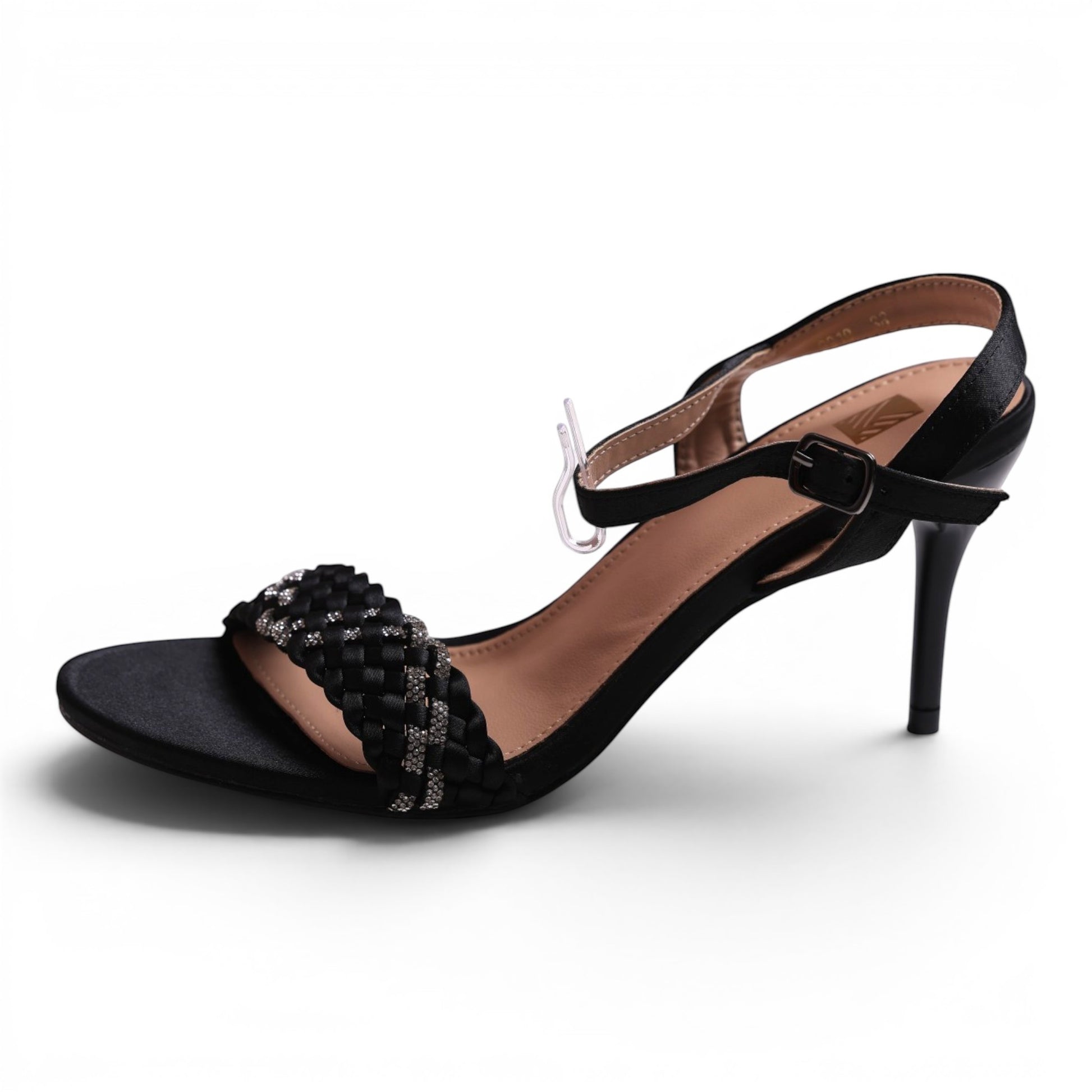 Moda Ug black satin heeled sandal with braided strap and rhinestone detail, ankle strap closure.