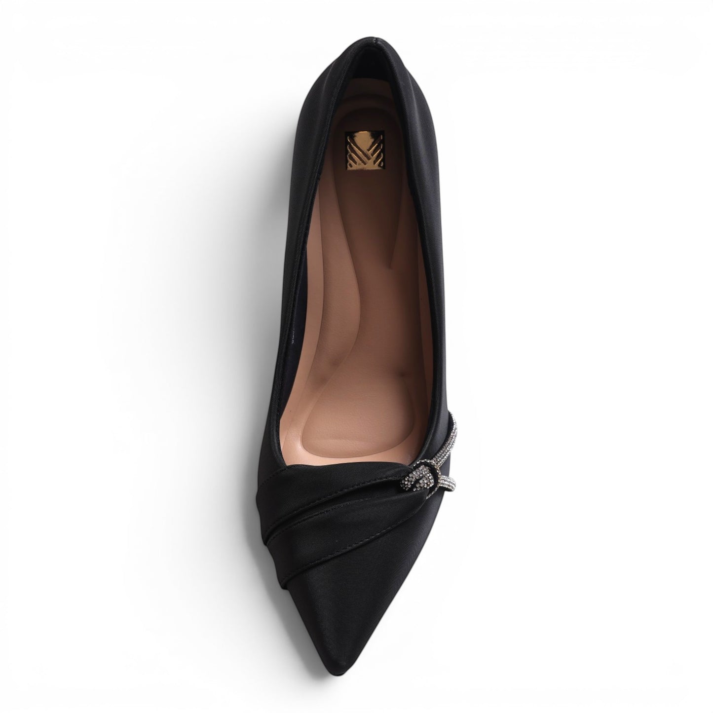 Moda Ug black satin pointed-toe flats with a knotted bow detail and cushioned insole.