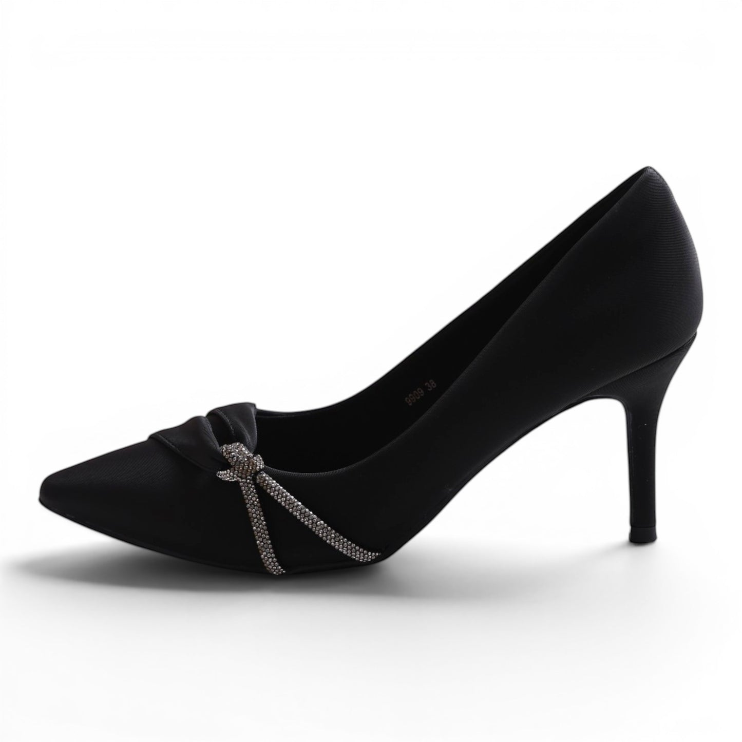 Moda Ug black satin pointed-toe pumps with a knotted bow and crystal embellishment on the vamp.