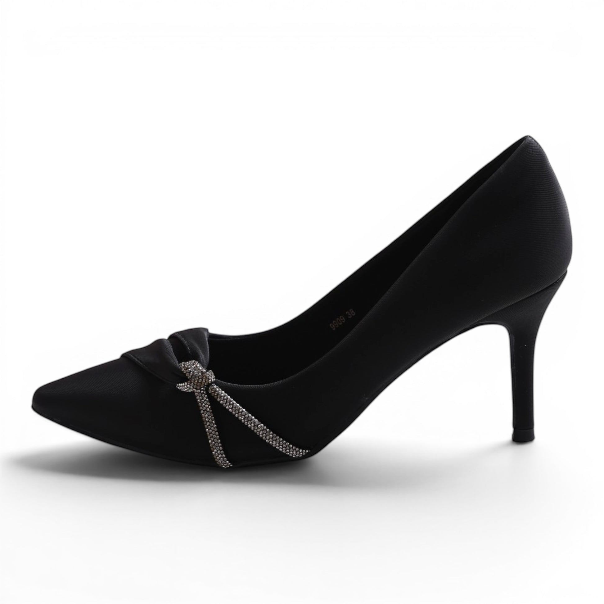 Moda Ug black satin pointed-toe pumps with a knotted bow and crystal embellishment on the vamp.