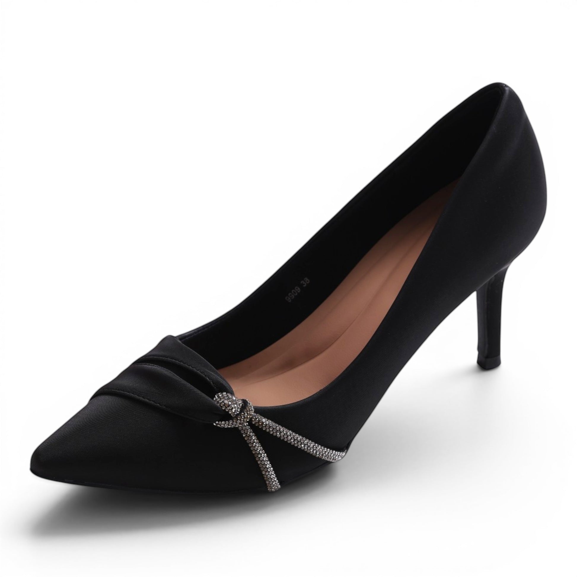 Moda Ug black satin pointed-toe pumps with ruched detail and crystal embellishment.