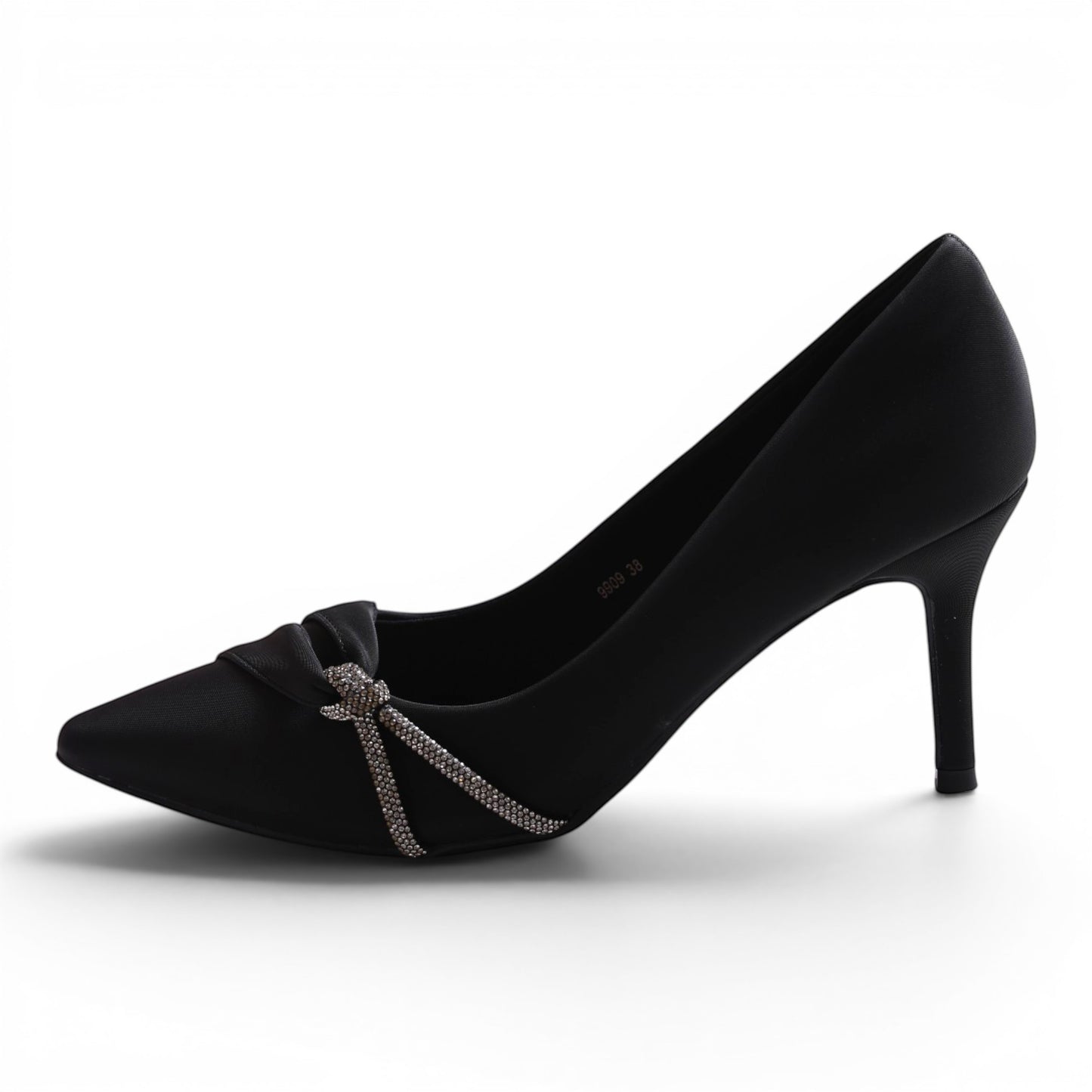 Moda Ug black satin pointed-toe pumps with a crystal-embellished bow detail and stiletto heel.